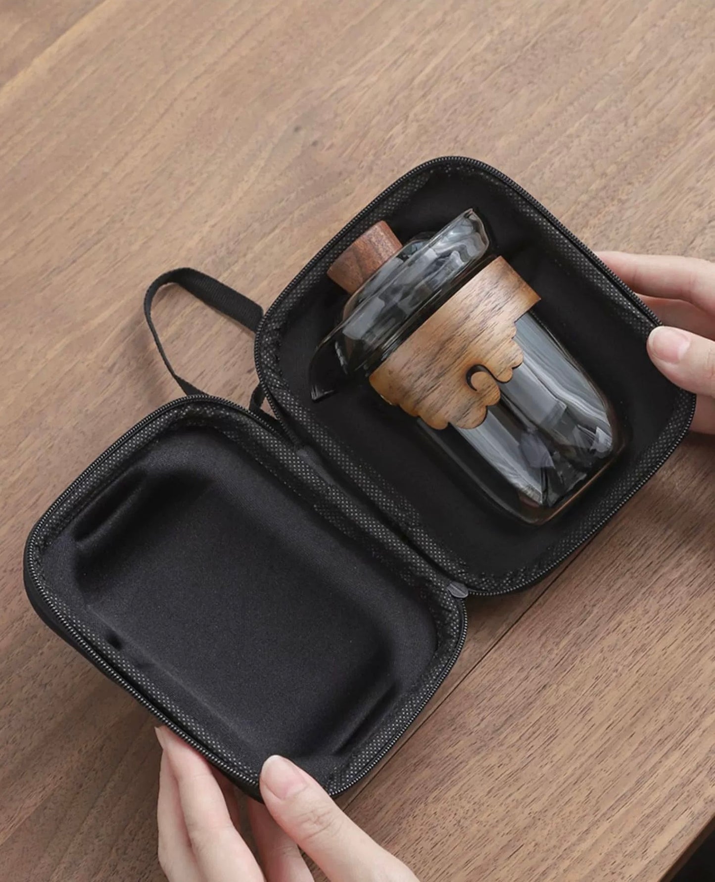 Tea travel set glas/wood