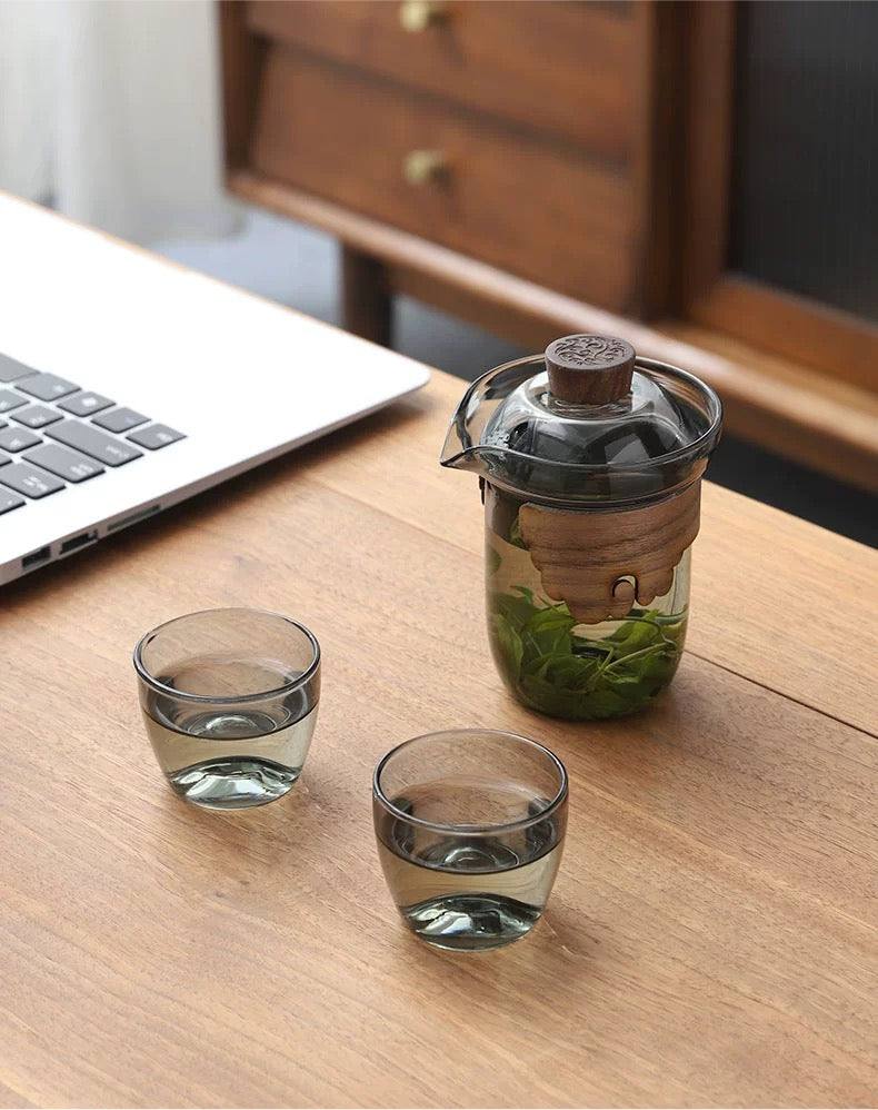 Tea travel set glas/wood