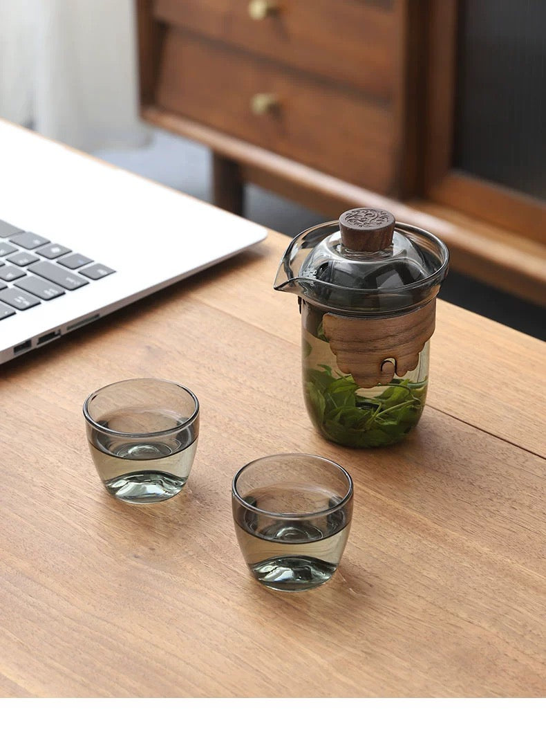 Tea travel set glas/wood