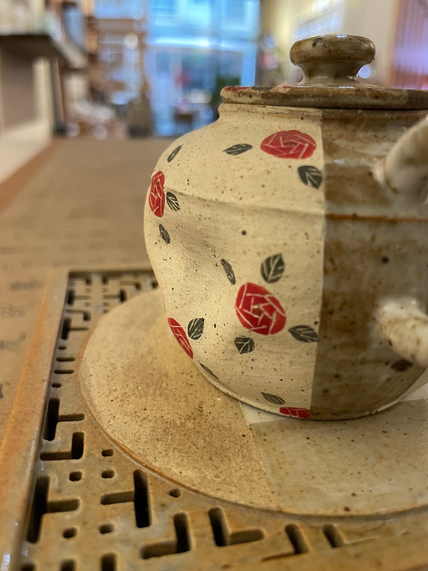 Hand-Pressed Red Rose Ceramic Teapot