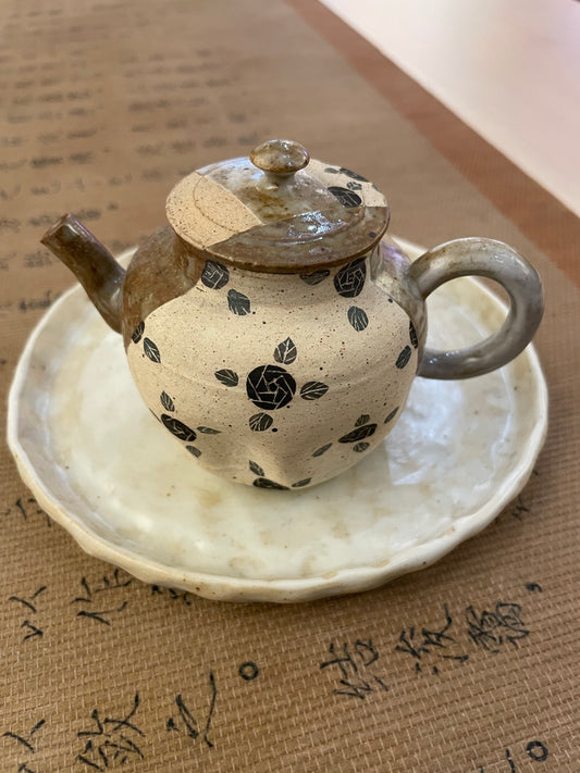 Hand-Pressed Black Rose Ceramic Teapot
