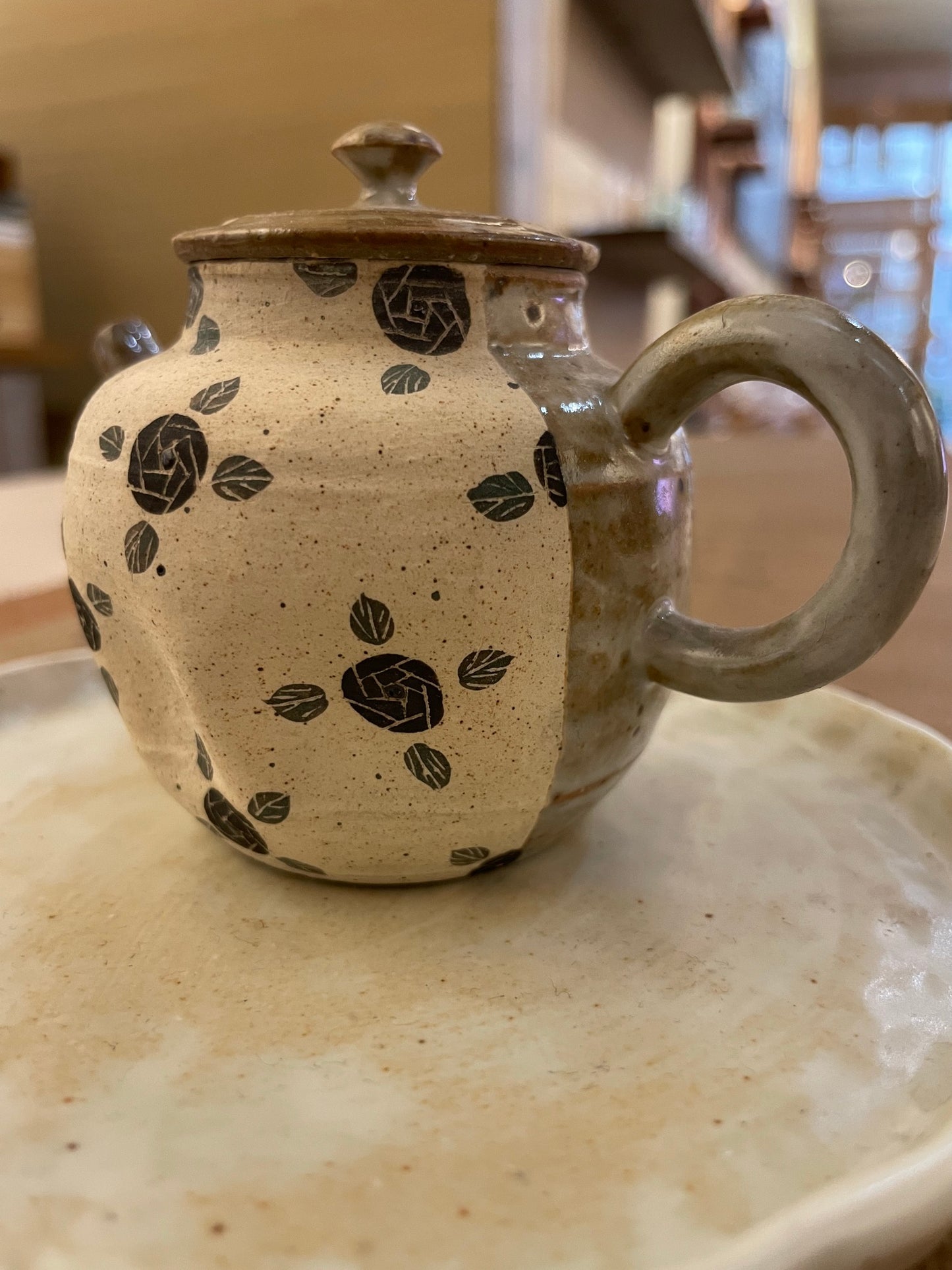 Hand-Pressed Black Rose Ceramic Teapot